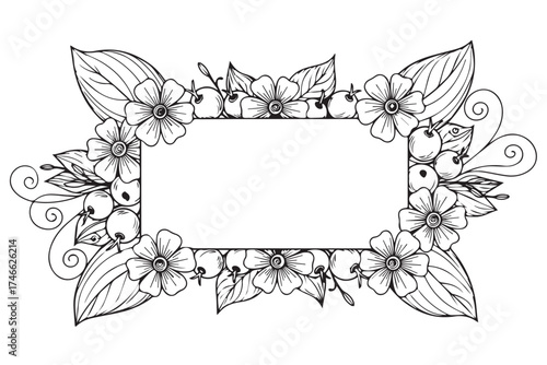 Ornate black and white floral border design with a central rectangular space for text or images, isolated on transparent background