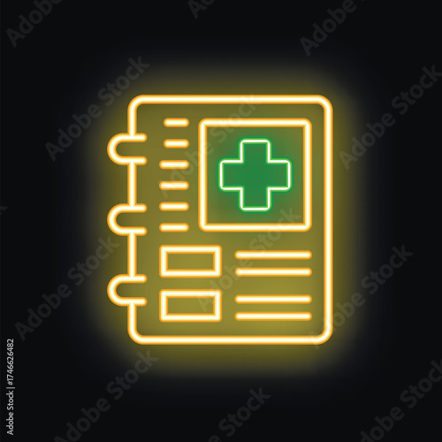 Yellow neon medical record icon glowing on dark background representing healthcare industry