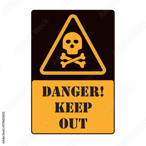 Black and yellow danger, keep out banner with skulls and text on a white background