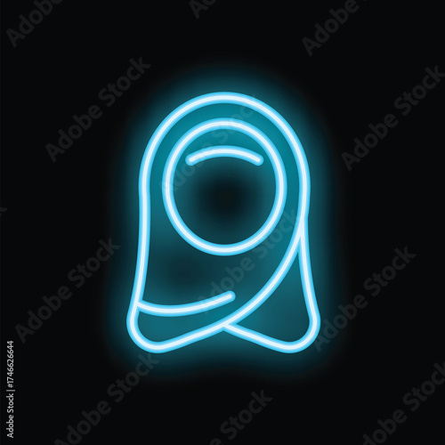 Bright blue neon sign depicting a hijab glowing on a black background