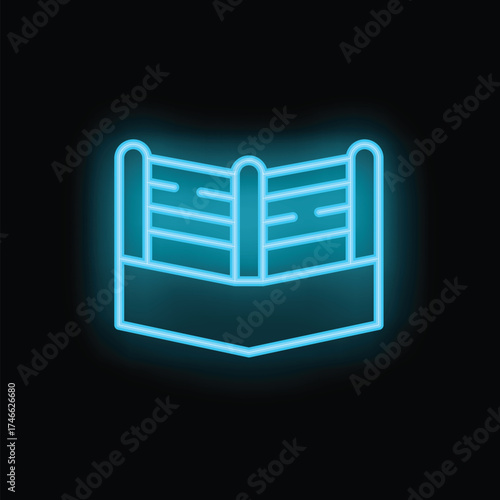Neon boxing ring icon glowing in blue, representing concepts of fighting, competition, and sports
