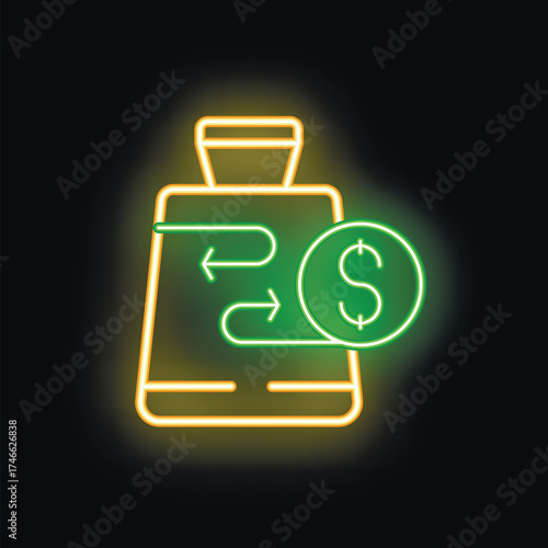 Glowing neon icon of a smartphone showing the process of transferring money