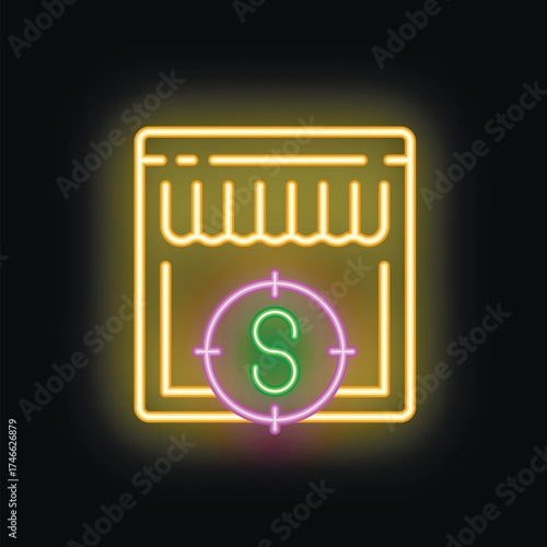 Neon sign illustrating concept of online business targeting profitable niche with dollar symbol in crosshair