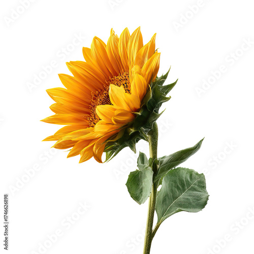 Single sunflower stem in side perspective with vivid yellow petals on transparent background