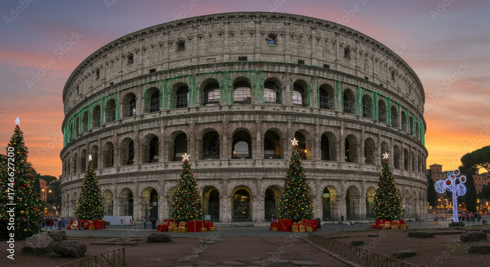 Fototapeta premium Christmas Majestic Roman Landmark Framed by Festive Decorations