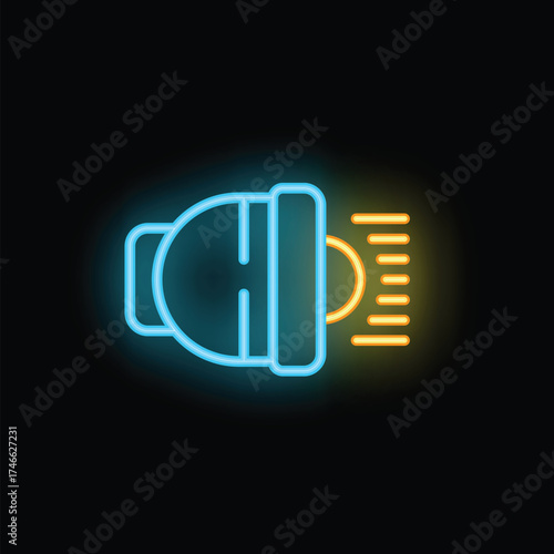 Neon icon of a headlight emitting a beam of light, representing a concept related to automotive lighting