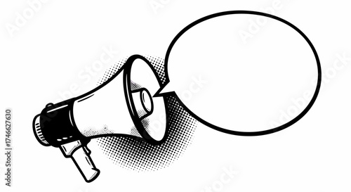 Pop Art Megaphone and Blank Speech Bubble on White Background