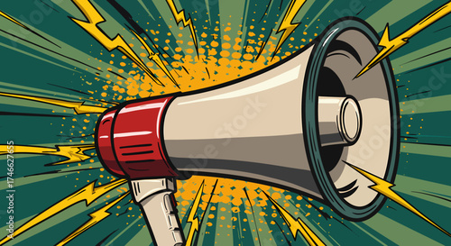 Pop Art Megaphone with Lightning Bolts Comic Style