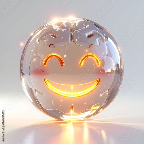 Enlightened Thought: A transparent sphere, shaped like a human brain, radiating an inner glow of happiness and positivity. Power of a Positive Mindset. Ai generated image
