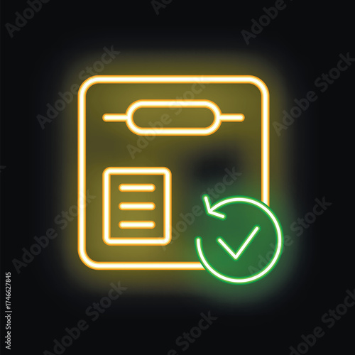 Neon sign depicting a document being validated by a green check mark, ideal for conveying concepts such as approval, verification, or successful completion