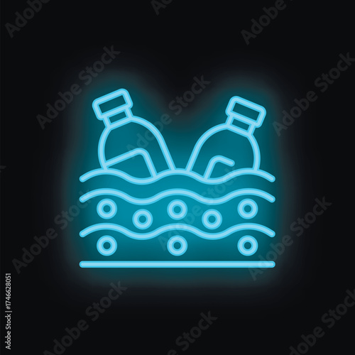 Neon style icon of two plastic bottles floating in ocean water representing pollution