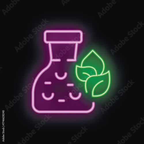 Neon sign representing a flask containing herbal medicine with green leafs, ideal for topics like natural medicine and naturopathy