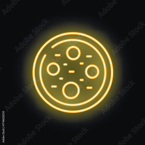 Bright yellow neon sign glowing on a black wall, showing a delicious pizza with pepperoni slices