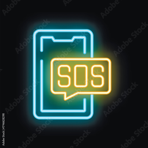 Neon sos message appearing in a speech bubble over a smartphone screen, a concept for emergency calls