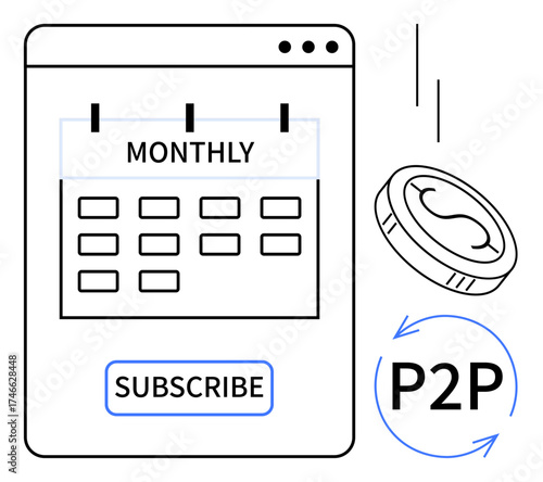 Digital interface featuring a monthly calendar and Subscribe button with a falling coin and P2P symbol. Ideal for finance, e-commerce, subscription services, digital payments, recurring billing, SaaS