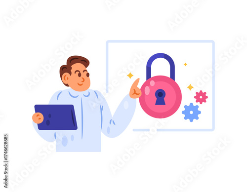 An IT security expert concept, engineer or professional in the field of information technology. Illustration of a man presenting about a security system. Flat design style. White background.