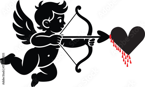 Cupid shoots a bleeding heart with an arrow illustration