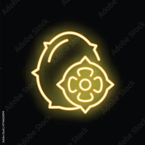 Bright yellow neon sign representing a whole kiwano fruit and a slice, conveying exoticism and freshness