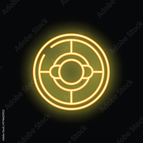 Neon icon of radar showing three objects approaching from the left side