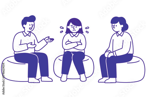 Three people sitting on ottomans, one person appears distressed while two others engage in conversation isolated on transparent background