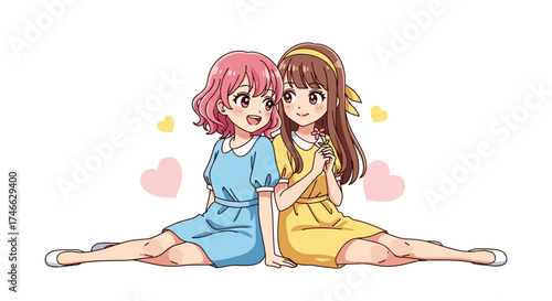 Two cute anime girls sitting together, friendship concept, vector style.