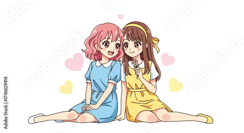 Two cute anime girls sitting together, friendship concept, vector style.