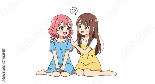 Two cute anime girls sitting together, friendship concept, vector style.