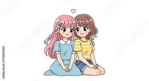 Two cute anime girls sitting together, friendship concept, vector style.