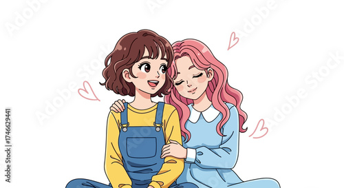 Two cute anime girls sitting together, friendship concept, vector style.