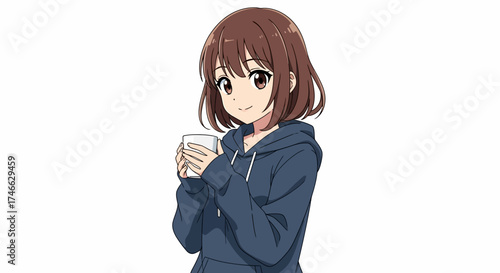 Brown-haired anime girl wearing hoodie holding coffee cup, flat vector design.