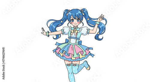 Blue-haired anime idol girl dancing, kawaii expression, flat vector art.
