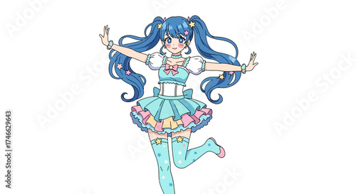 Blue-haired anime idol girl dancing, kawaii expression, flat vector art.