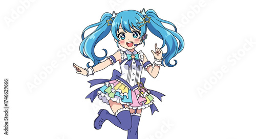 Blue-haired anime idol girl dancing, kawaii expression, flat vector art.