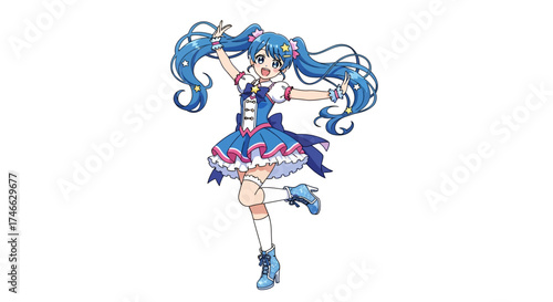 Blue-haired anime idol girl dancing, kawaii expression, flat vector art.