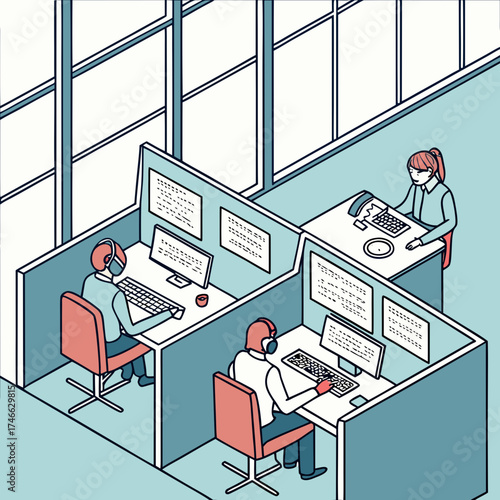 Isometric illustration of office cubicles with employees working on computers
