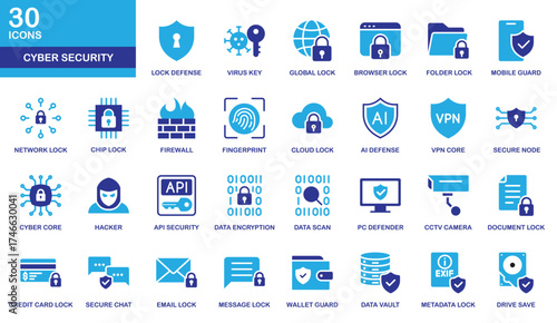 Vibrant cyber security icon set in color style. Featuring shield, lock, VPN, firewall, and hacker icons for technology, data protection, and internet safety design.