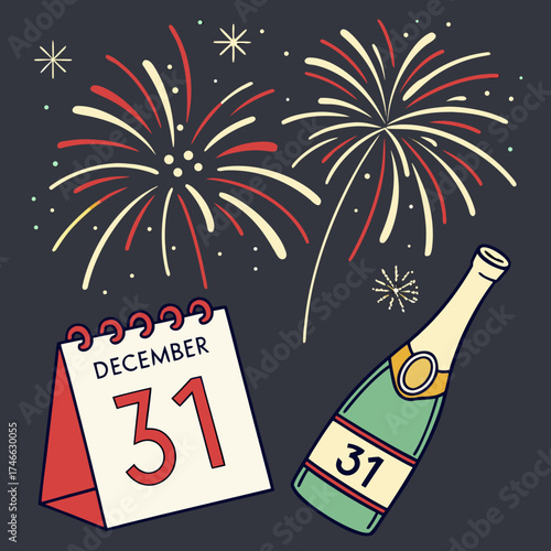 Festive new year illustration with fireworks, calendar and champagne bottle