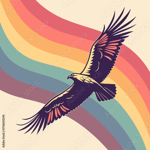 An eagle soars against a vibrant rainbow backdrop in retro illustration