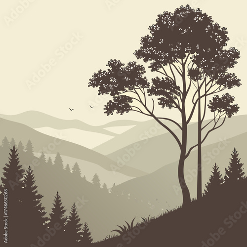 A tranquil landscape with a solitary tree and misty mountain silhouette