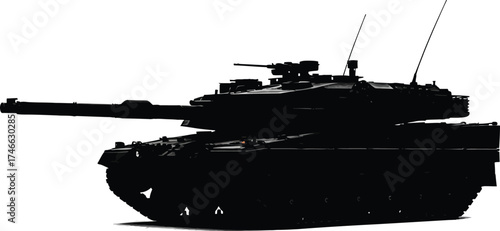 Silhouette of a tank isolated on white background, a tracked armored fighting vehicle for military operations, powerful and heavily armed for combat