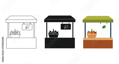 Market Stall Icons Line Art Silhouette and Color three