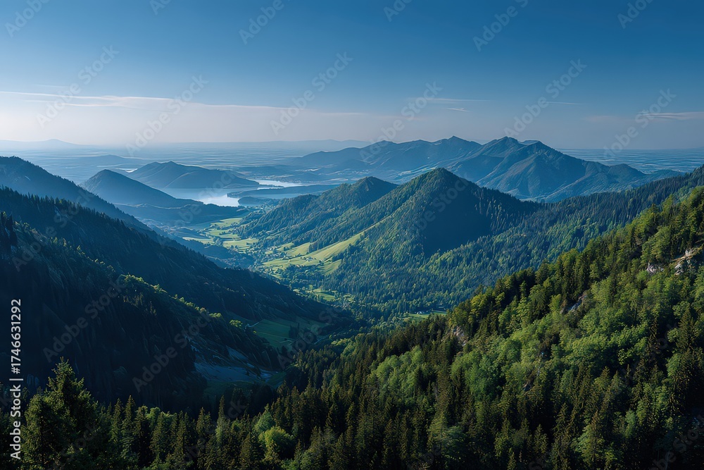 Fototapeta premium Aerial View of Mountain Range and Valley under Blue Sky in Daylight