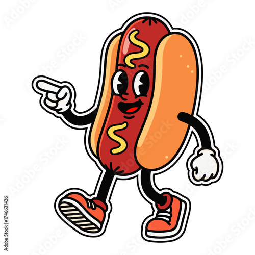 Hot Dog Cartoon Character Illustration, Vintage Fast Food Mascot with Fun Expression and Classic American Style