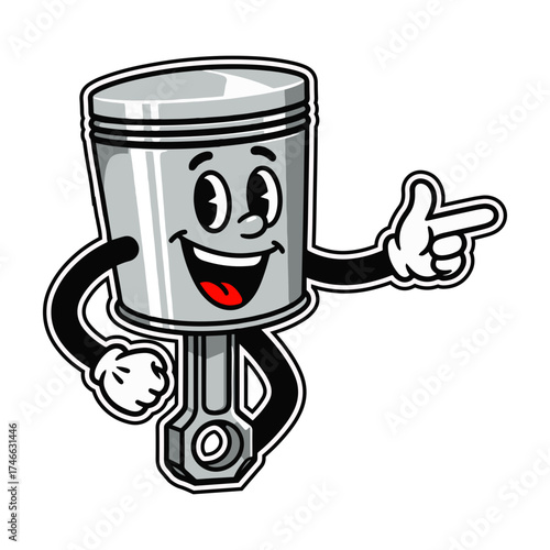 Retro Piston Cartoon Character Illustration, Vintage Automotive Engine Mascot Design with Bold Lines and Classic Mechanic Style