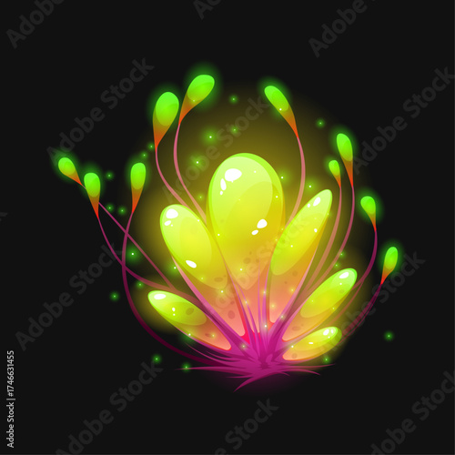 Magical bioluminescent alien plant glowing with otherworldly light in the darkness