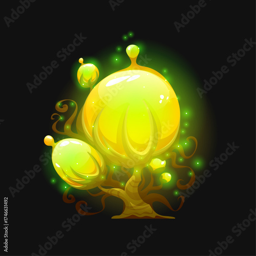 Glowing fantasy tree with magical orbs and swirling particles on a dark background