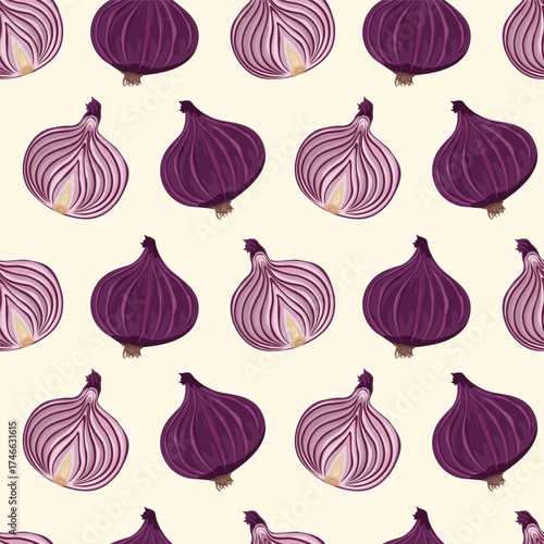 Red onion and half. Vector seamless pattern on an isolated background. Vegetable background for prints and designs.