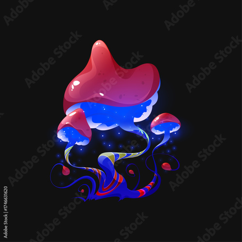 A whimsical fantasy illustration of magical glowing mushrooms with vibrant neon colors on a black background