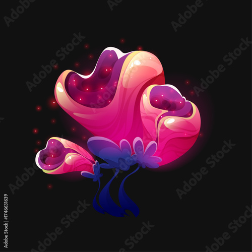 Fantasy glowing alien mushroom with vibrant pink and purple bioluminescent caps and sparks
