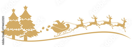 vector illustration of an Santa claus riding on sledge with christmas tree of silhouette